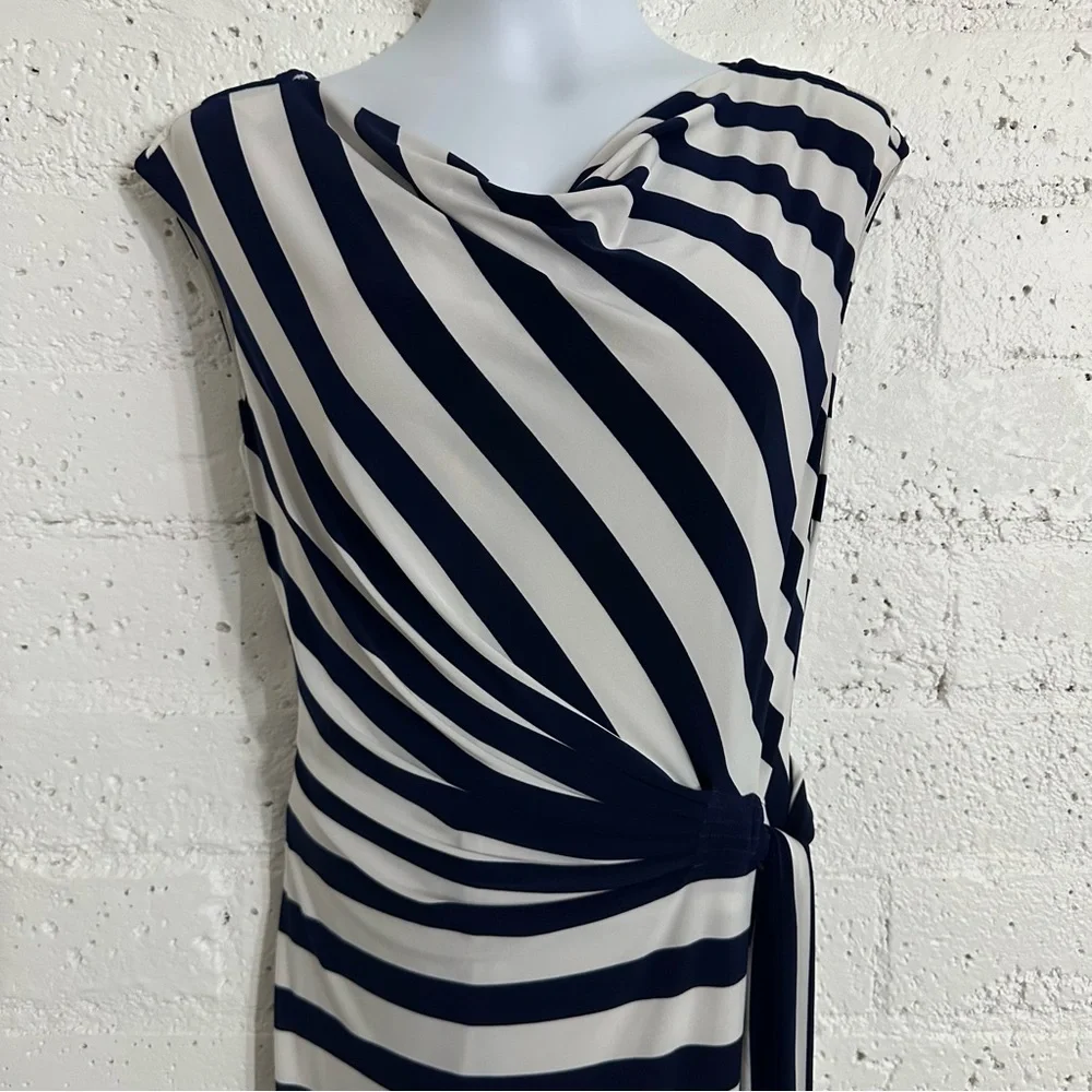 LRL Ralph Lauren Womens Dress 10 Blue White Stripe Cap Sleeve Ruched Stretch K19 - Picture 2 of 6